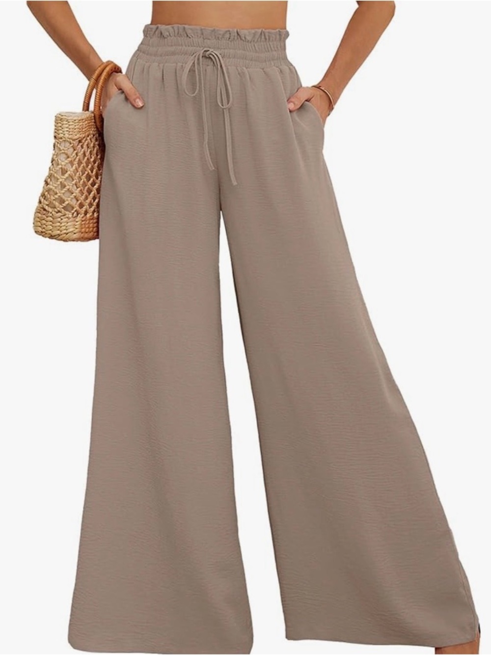 Wide Leg Crinkle Gauze Drawstring Pants in Taupe - Picture 3 of 3